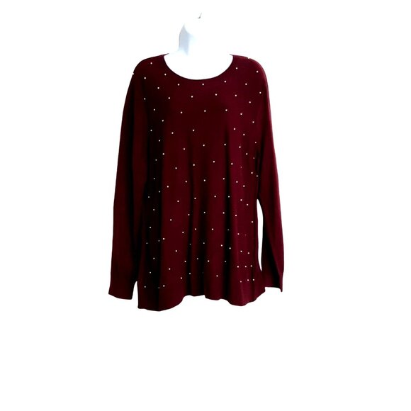 Womens Pull Over Sweater XXL Long Sleeve Beaded Burgundy Crew Neck - Picture 2 of 7